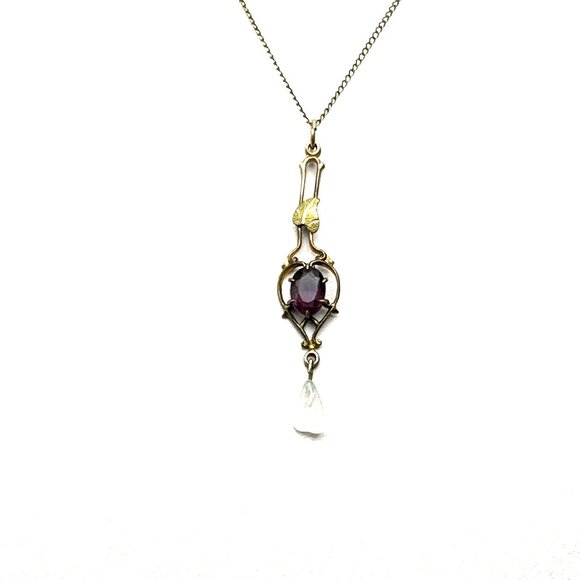 Antique Art Nouveau Amethyst and Opalescent Glass Pendant: Gold Filled Necklace - Picture 11 of 12